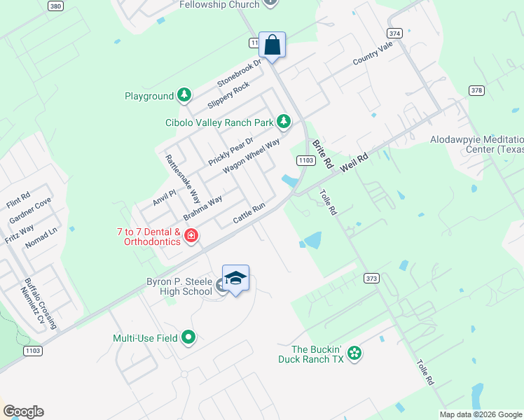 map of restaurants, bars, coffee shops, grocery stores, and more near 369 Cattle Run in Cibolo