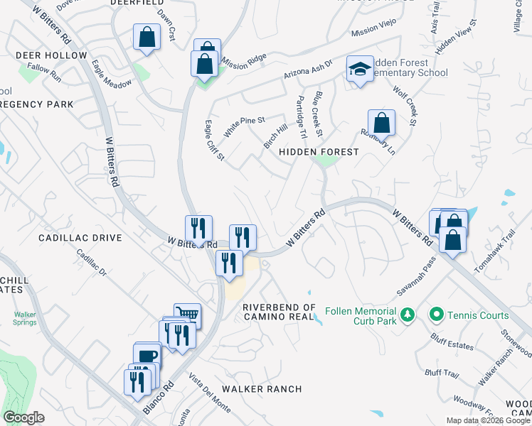map of restaurants, bars, coffee shops, grocery stores, and more near 15620 Powder River in San Antonio