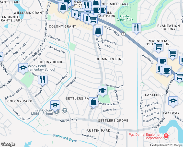 map of restaurants, bars, coffee shops, grocery stores, and more near 3110 Mosby Drive in Sugar Land