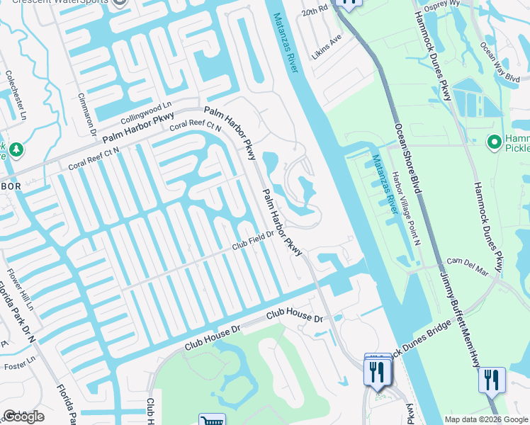 map of restaurants, bars, coffee shops, grocery stores, and more near 24 Coral Reef Court North in Palm Coast