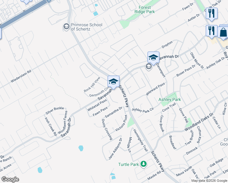map of restaurants, bars, coffee shops, grocery stores, and more near 590 Savannah Drive in Schertz