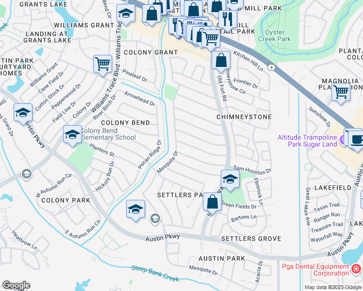 map of restaurants, bars, coffee shops, grocery stores, and more near 3022 Mosby Drive in Sugar Land
