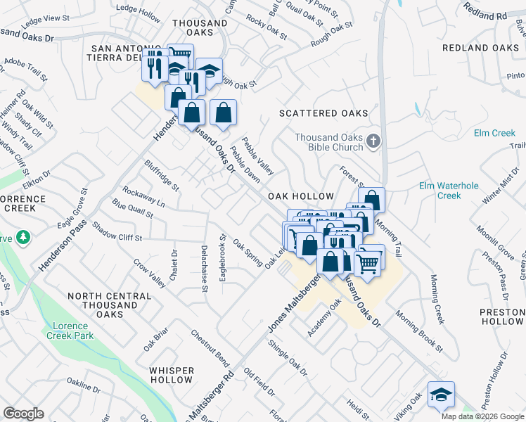 map of restaurants, bars, coffee shops, grocery stores, and more near 2650 Thousand Oaks Drive in San Antonio