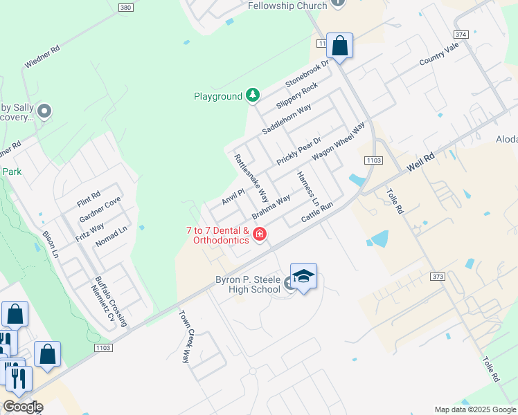 map of restaurants, bars, coffee shops, grocery stores, and more near 104 Steer Lane in Cibolo