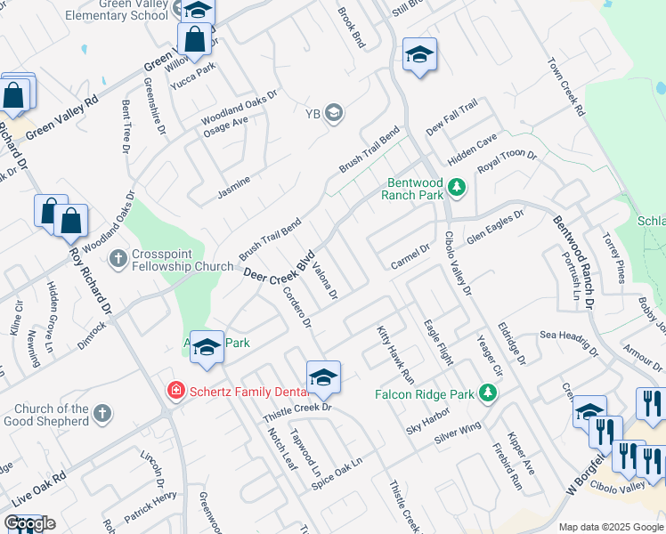 map of restaurants, bars, coffee shops, grocery stores, and more near 217 Cinnabar Trail in Cibolo