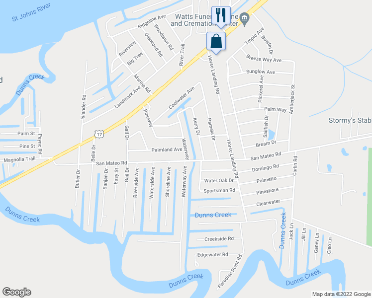 map of restaurants, bars, coffee shops, grocery stores, and more near 131 Palmland Avenue in Satsuma