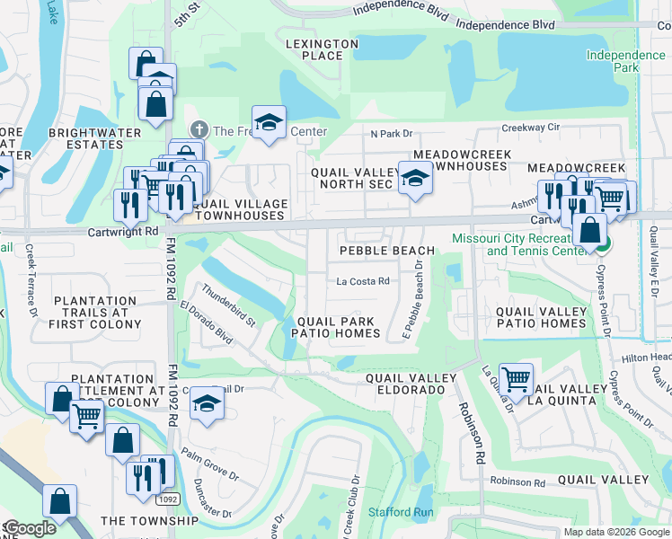 map of restaurants, bars, coffee shops, grocery stores, and more near 3323 Palm Desert Lane in Missouri City