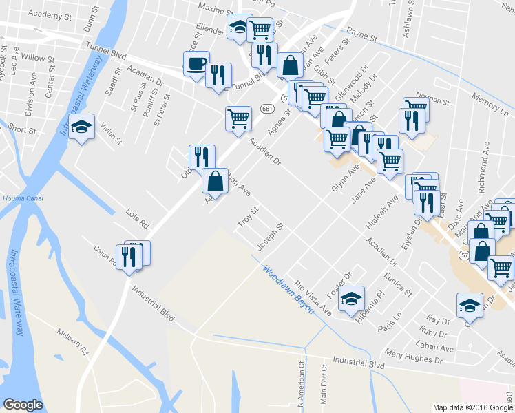 map of restaurants, bars, coffee shops, grocery stores, and more near 302 Troy Street in Houma