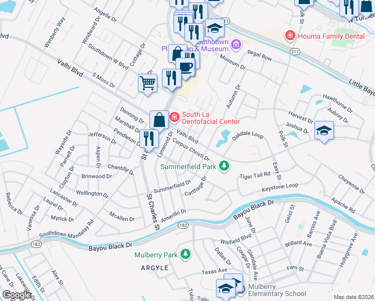 map of restaurants, bars, coffee shops, grocery stores, and more near 401 Corpus Christi Drive in Houma
