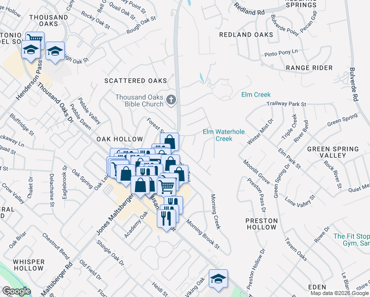map of restaurants, bars, coffee shops, grocery stores, and more near 15215 Fall Manor Drive in San Antonio