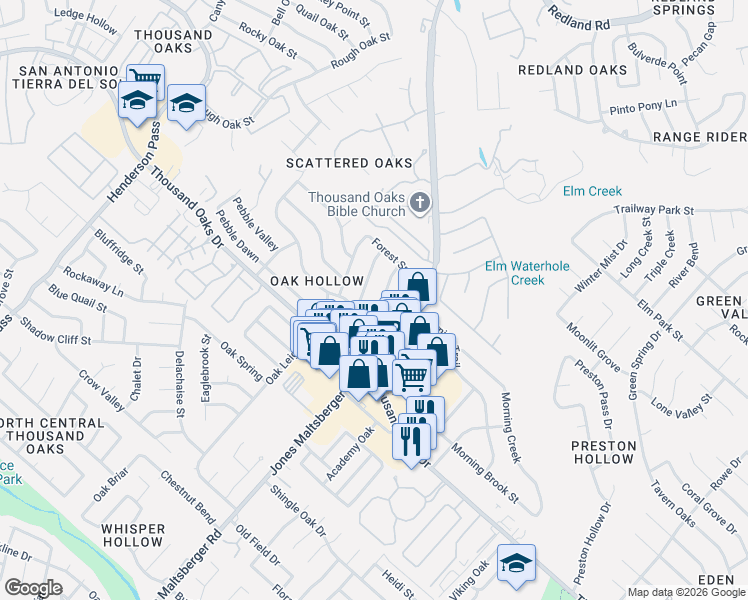map of restaurants, bars, coffee shops, grocery stores, and more near 15315 Pebble Dew in San Antonio