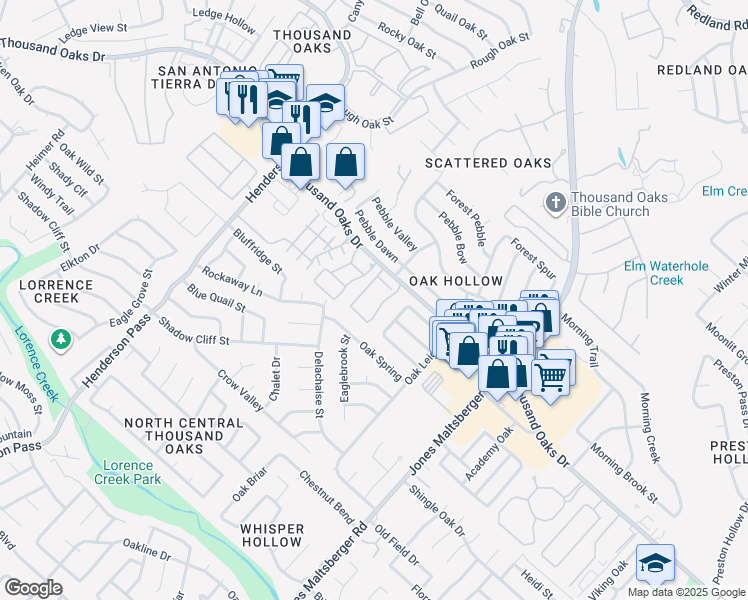 map of restaurants, bars, coffee shops, grocery stores, and more near 2626 Thousand Oaks Drive in San Antonio