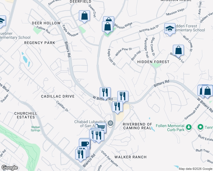 map of restaurants, bars, coffee shops, grocery stores, and more near 15150 Blanco Road in San Antonio