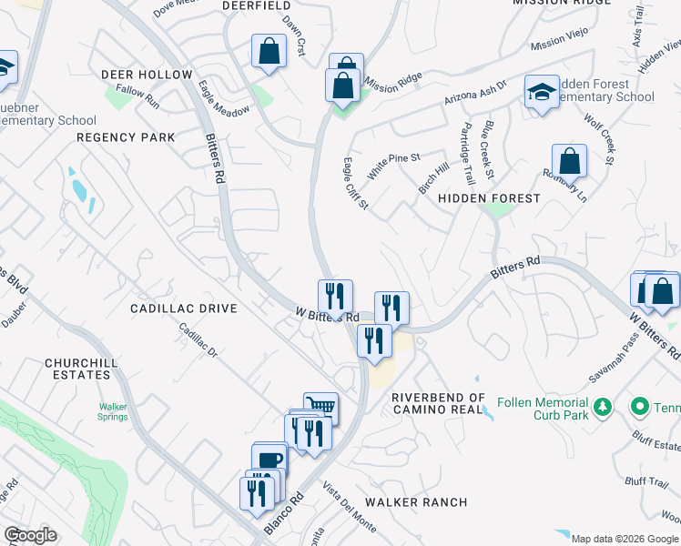 map of restaurants, bars, coffee shops, grocery stores, and more near 15150 Blanco Road in San Antonio