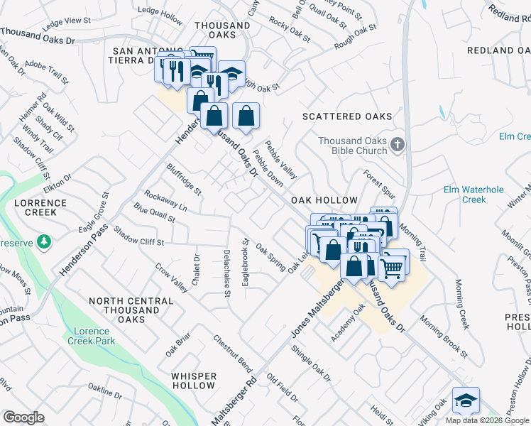 map of restaurants, bars, coffee shops, grocery stores, and more near 2626 Thousand Oaks Drive in San Antonio