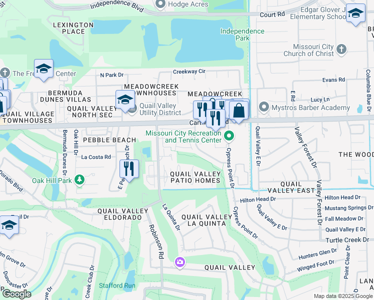 map of restaurants, bars, coffee shops, grocery stores, and more near 2805 Yorktown Lane in Missouri City