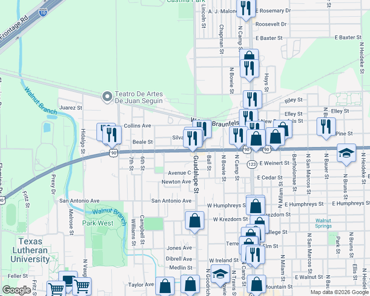 map of restaurants, bars, coffee shops, grocery stores, and more near 527 Silva Street in Seguin