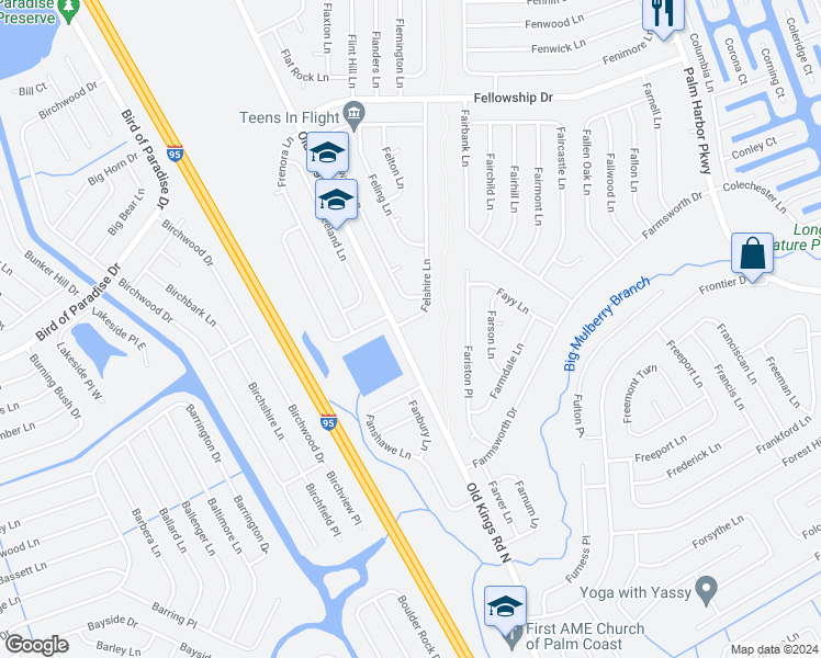 map of restaurants, bars, coffee shops, grocery stores, and more near 2 Felshire Lane in Palm Coast