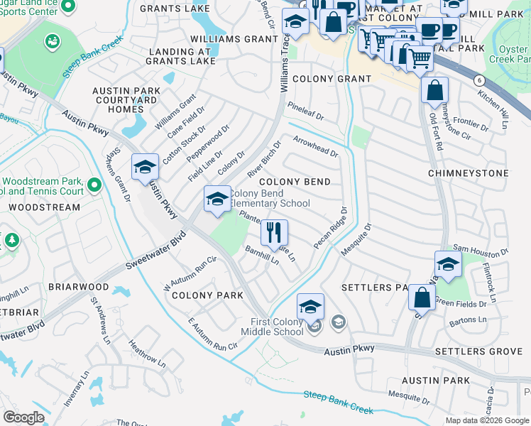 map of restaurants, bars, coffee shops, grocery stores, and more near 2819 Green Fields Drive in Sugar Land