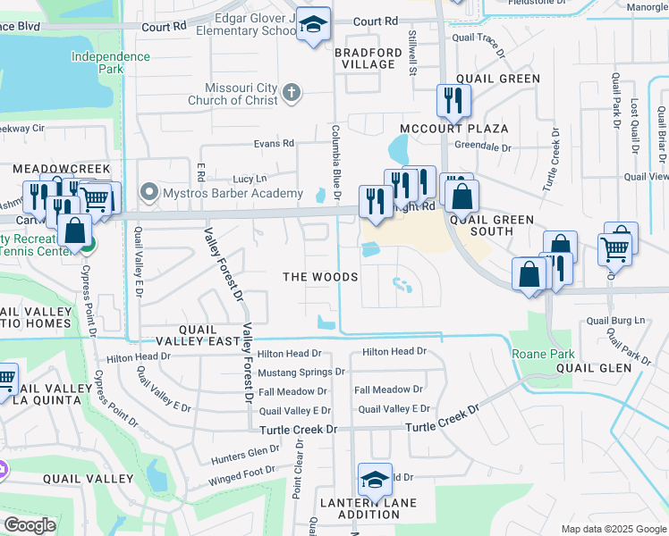 map of restaurants, bars, coffee shops, grocery stores, and more near 1915 Wood Trails Court in Missouri City