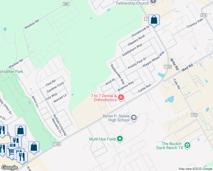 map of restaurants, bars, coffee shops, grocery stores, and more near 116 Anvil Place in Cibolo