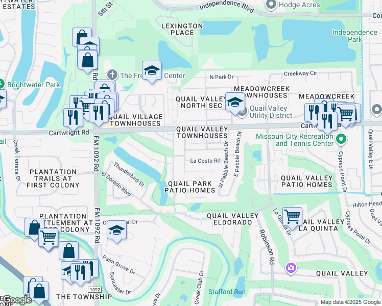 map of restaurants, bars, coffee shops, grocery stores, and more near 3326 Palm Desert Lane in Missouri City