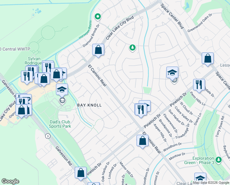 map of restaurants, bars, coffee shops, grocery stores, and more near 14506 Sycamore Lake Road in Houston