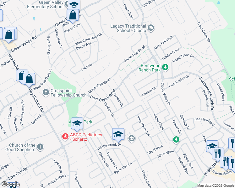 map of restaurants, bars, coffee shops, grocery stores, and more near 124 Valona Drive in Cibolo