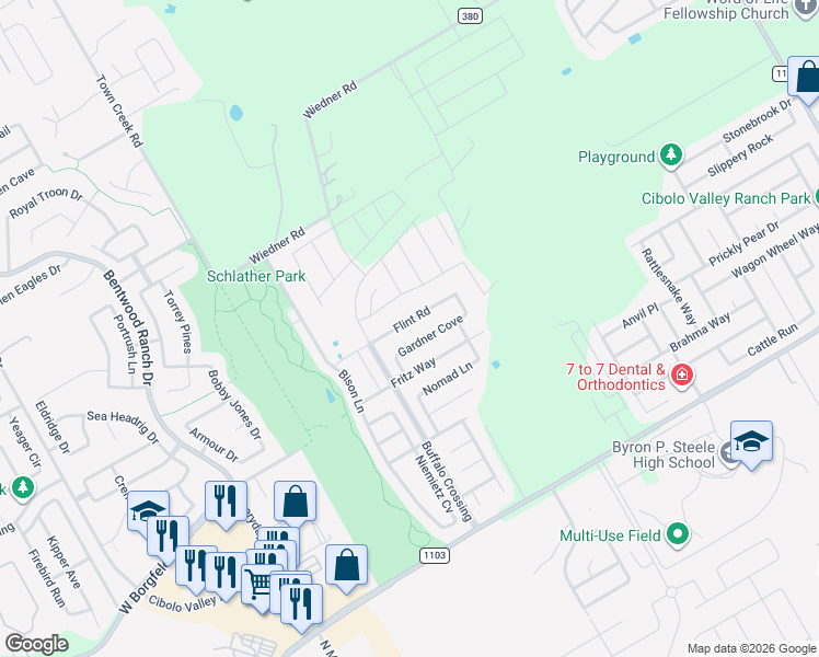 map of restaurants, bars, coffee shops, grocery stores, and more near 253 Flint Road in Cibolo