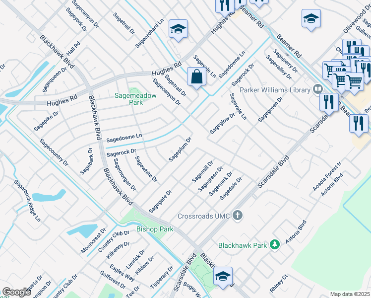 map of restaurants, bars, coffee shops, grocery stores, and more near 10203 Sageplum Drive in Houston