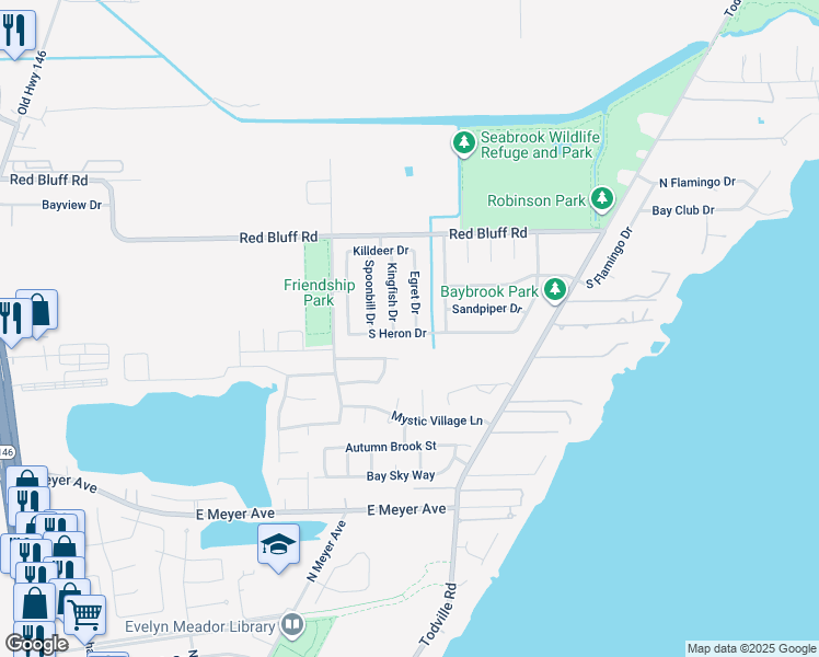 map of restaurants, bars, coffee shops, grocery stores, and more near 4313 Egret Drive in Seabrook
