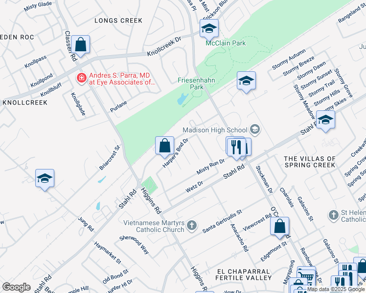 map of restaurants, bars, coffee shops, grocery stores, and more near 15042 Old Creek Street in San Antonio