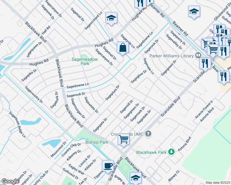 map of restaurants, bars, coffee shops, grocery stores, and more near 10203 Sageplum Drive in Houston