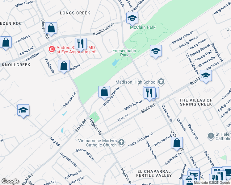 map of restaurants, bars, coffee shops, grocery stores, and more near 15042 Old Creek Street in San Antonio