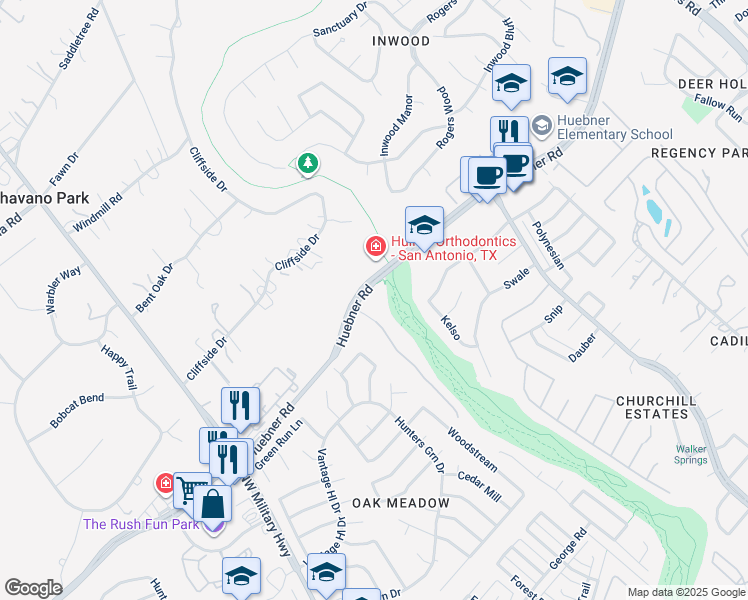 map of restaurants, bars, coffee shops, grocery stores, and more near 15303 Huebner Road in San Antonio