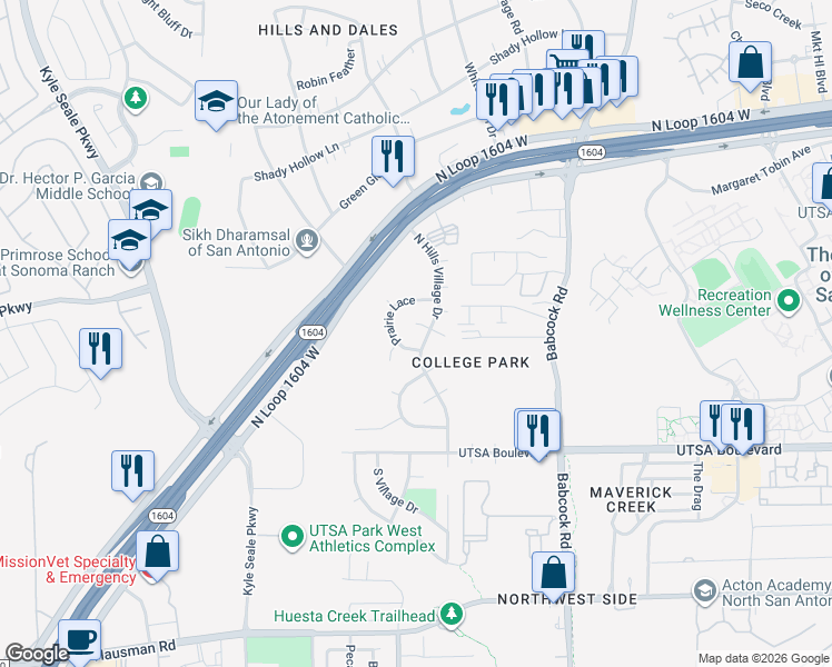 map of restaurants, bars, coffee shops, grocery stores, and more near 7523 Peppervine Lane in San Antonio