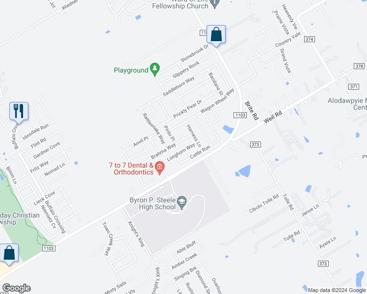map of restaurants, bars, coffee shops, grocery stores, and more near 320 Longhorn Way in Cibolo