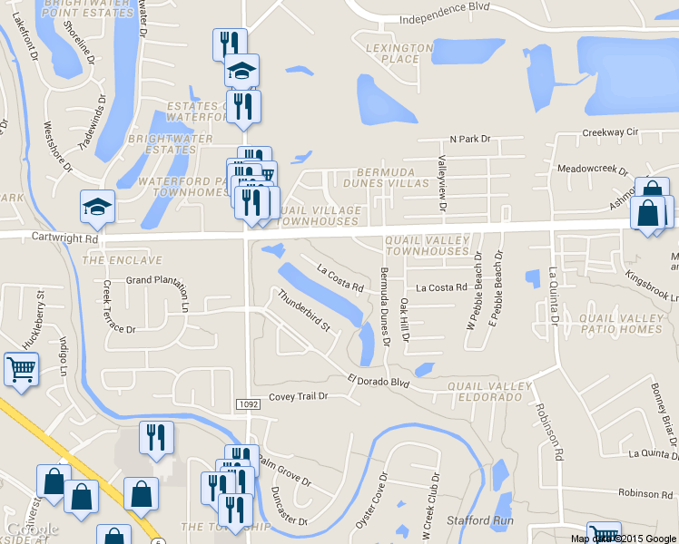 map of restaurants, bars, coffee shops, grocery stores, and more near 3510 La Costa Road in Missouri City