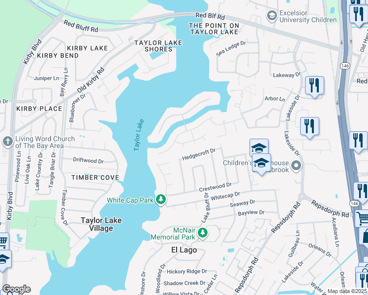 map of restaurants, bars, coffee shops, grocery stores, and more near 3198 Scenic View Court in Seabrook