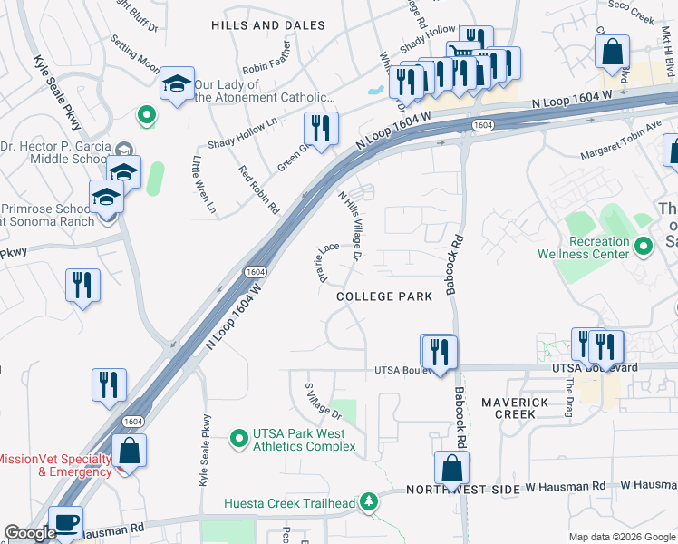 map of restaurants, bars, coffee shops, grocery stores, and more near 7523 Peppervine Lane in San Antonio