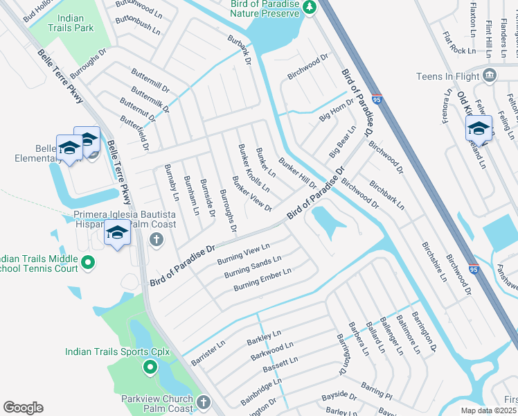 map of restaurants, bars, coffee shops, grocery stores, and more near 38 Bunker View Drive in Palm Coast