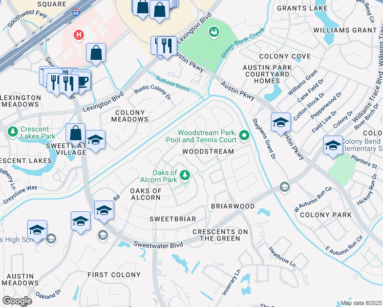 map of restaurants, bars, coffee shops, grocery stores, and more near 2218 Brook View Lane in Sugar Land