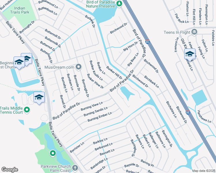 map of restaurants, bars, coffee shops, grocery stores, and more near 48 Bunker View Drive in Palm Coast