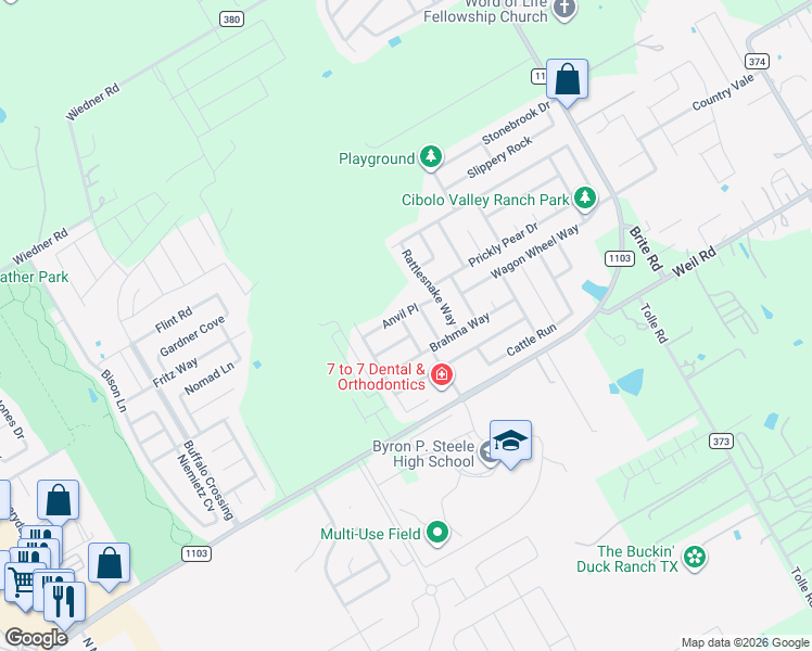 map of restaurants, bars, coffee shops, grocery stores, and more near 120 Lone Star Trail in Cibolo