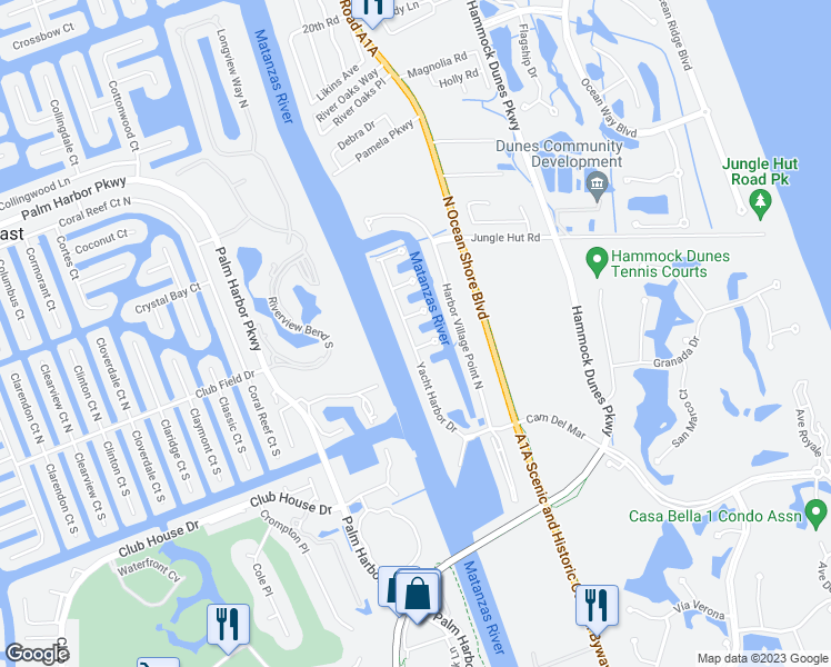map of restaurants, bars, coffee shops, grocery stores, and more near Yacht Harbor Dr in Palm Coast
