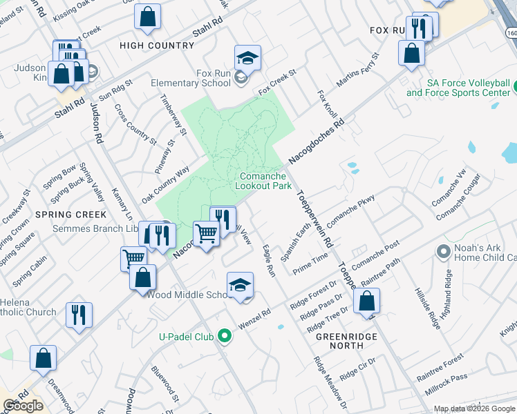 map of restaurants, bars, coffee shops, grocery stores, and more near 6423 Chimney Nest in San Antonio