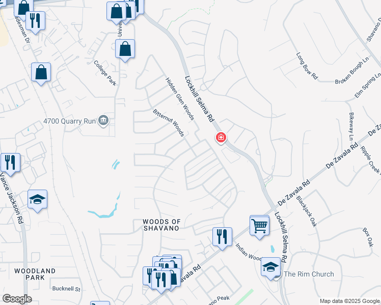 map of restaurants, bars, coffee shops, grocery stores, and more near 14600 Parksite Woods in San Antonio