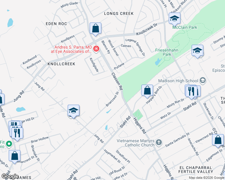 map of restaurants, bars, coffee shops, grocery stores, and more near 14430 Briarmall Street in San Antonio
