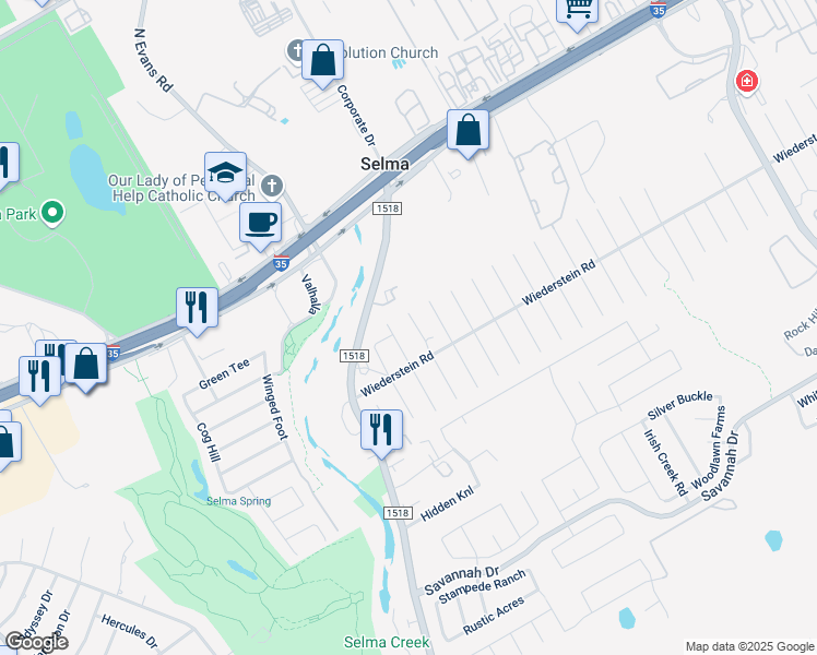 map of restaurants, bars, coffee shops, grocery stores, and more near 15608 Capri Lane in Schertz