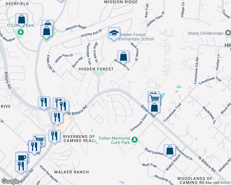 map of restaurants, bars, coffee shops, grocery stores, and more near 21 Greens Shade in San Antonio